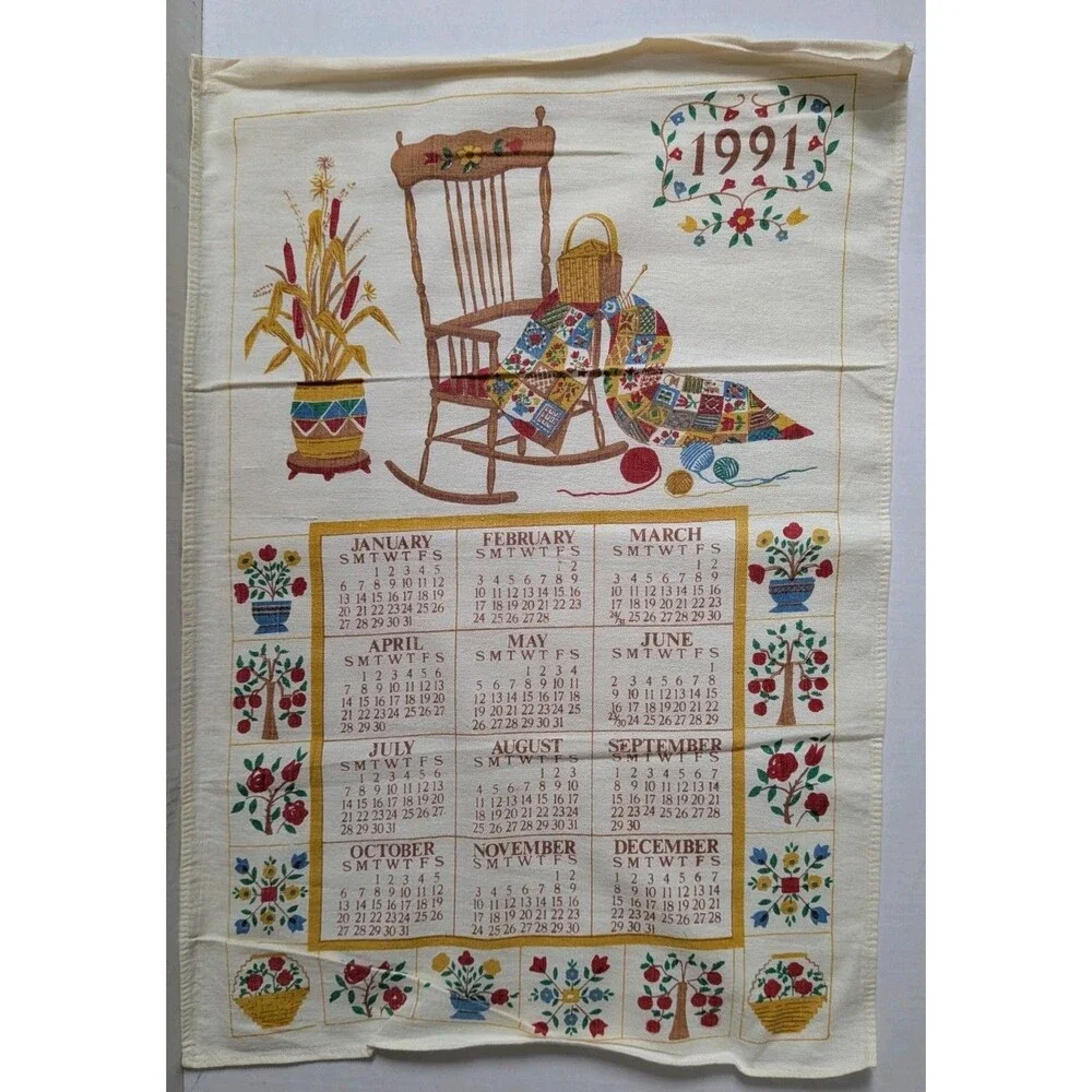 Vintage 1997 Calendar Tea Towel Rocking Chair Quilt Folk Art Cottagecore Decor